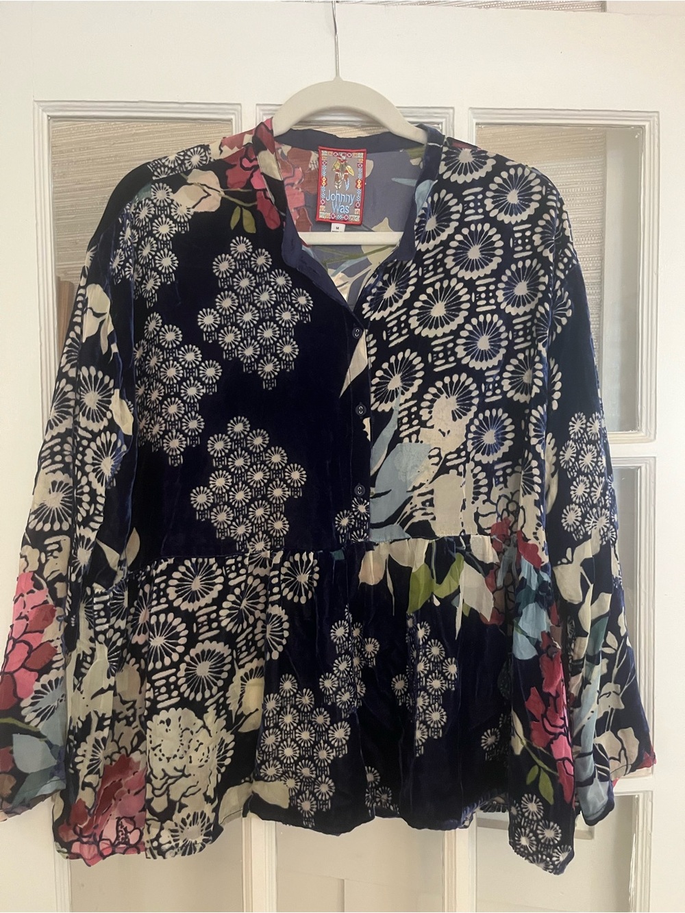 Johnny Was Navy Floral Velvet Button-Front Peplum Blouse with Multicolor Blooms